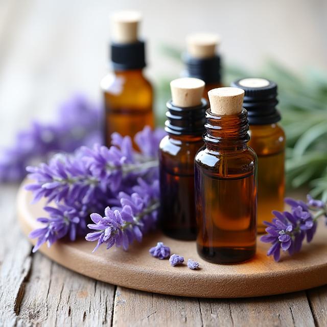 Flacons d'huiles essentielles d'aromathérapie avec des fleurs de lavande