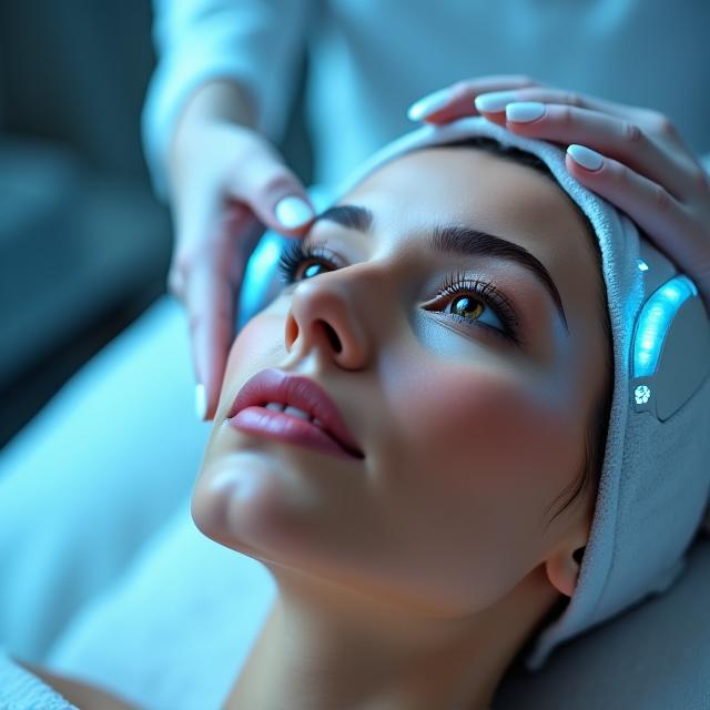 Femme recevant un soin du visage haute technologie avec une lumière LED